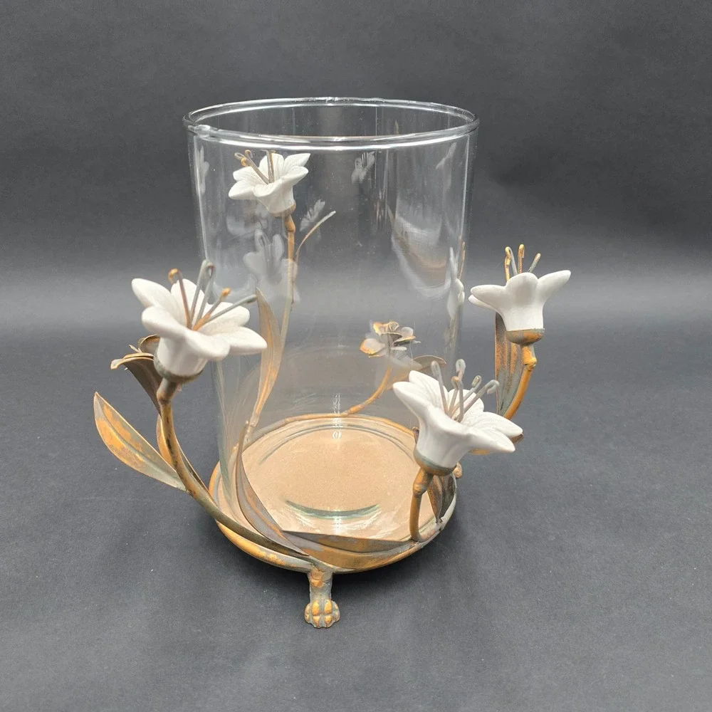 Vintage Ceramic Lily Floral Glass Vase Candle Holder Metal Base Centerpiece